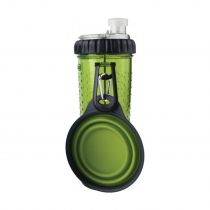 Пляшка Dexas Snack DuO для води і корму зі складною мискою для собак і котів, зелена, 720 мл