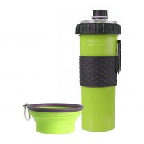 Пляшка Dexas Snack-DuO для води і корму, складна миска на карабіні, для собак і котів, зелена, 720 мл