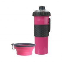 Пляшка Dexas Snack-DuO для води і корму, складна миска на карабіні, для собак і котів, рожева, 720 мл