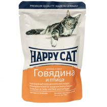 Вологий корм Happy Cat Rind Geflugel in Sosse для дорослих кішок, шматочки в соусі, з яловичиною та птицею, 100 г