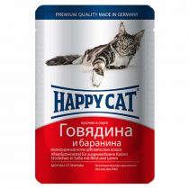 Вологий корм Happy Cat Rind Lamm in Sosse для дорослих кішок, шматочки в соусі, з яловичиною і бараниною, 100 г