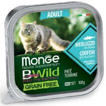 Вологий корм Monge Cat Be Wild Gr.Free Wet Adult для дорослих котів, паштет, тріска з овочами, 100 г