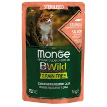 Вологий корм Monge Be Wild Gr.Free для стерилізованих котів, шматочки в соусі, лосось з креветками, 85 г