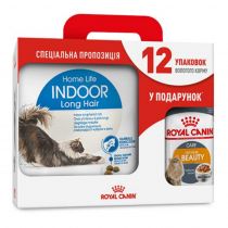 Сухий корм Royal Canin Indoor Long Hair для довгошерстих котів, 4 кг + 12 паучів у подарунок