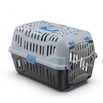 Переноска Georplast Spark для котів та собак, сіро-чорна із синіми кріпленнями, 48.5×33.5×31 см