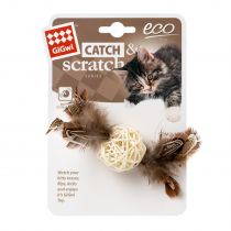 Іграшка GiGwi Catch&Scratch Плетений м'ячик з дзвіночком та пір'ям, для котів, 13 см